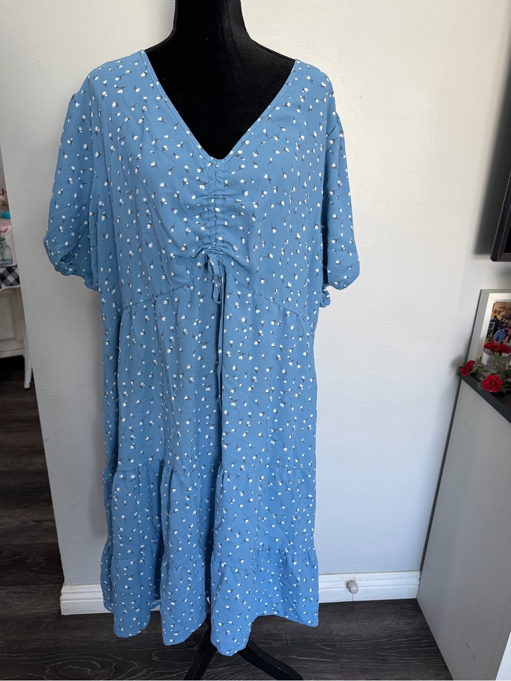 Light Blue Floral V-Neck Tiered Midi Dress 3XL #349 - Picture 2 of 4